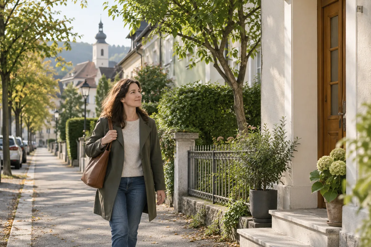 Eine Frau auf dem Weg durch eine ruhige Straße