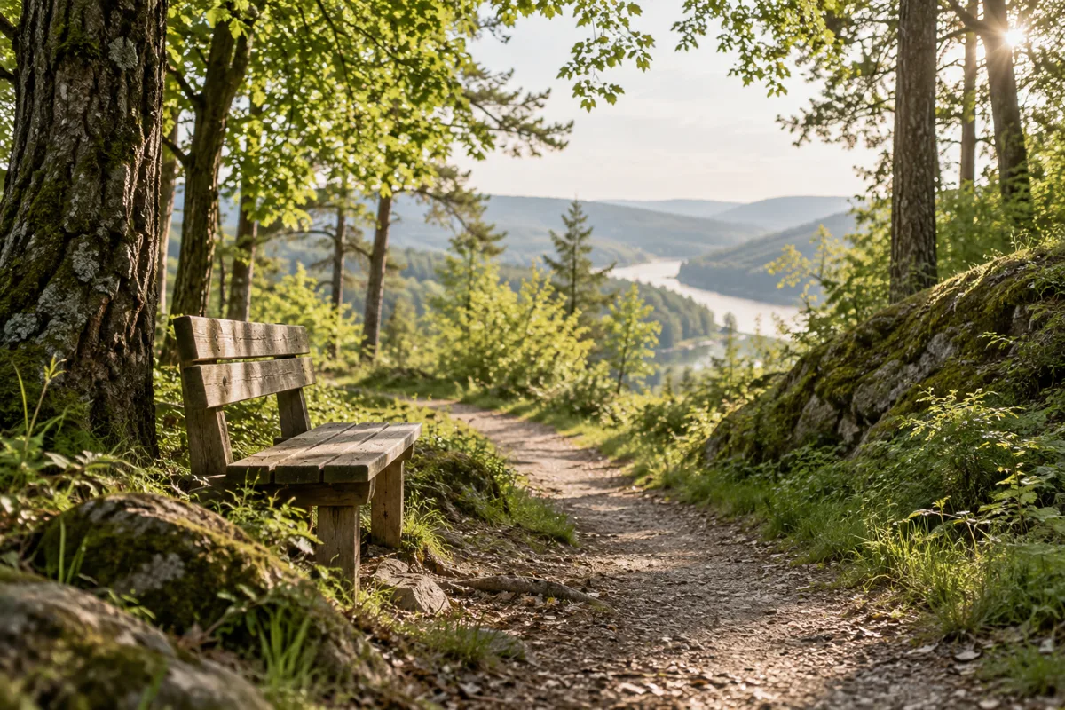 Ein ruhiger Weg im Grünen mit einer Bank zum Innehalten